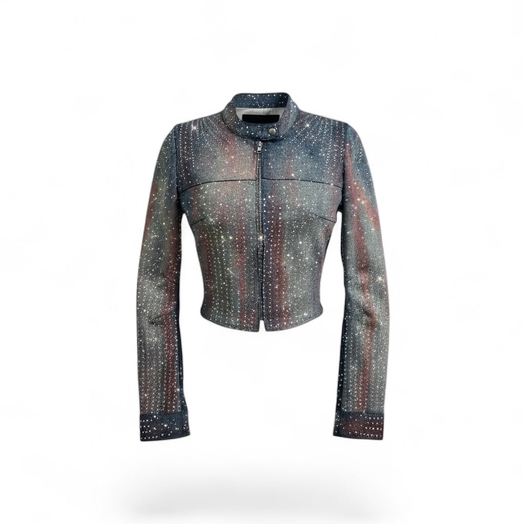 Rhinestone (Red and Blue Denim) Moto Jacket