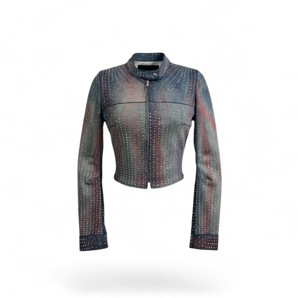 Rhinestone (Red and Blue Denim) Moto Jacket