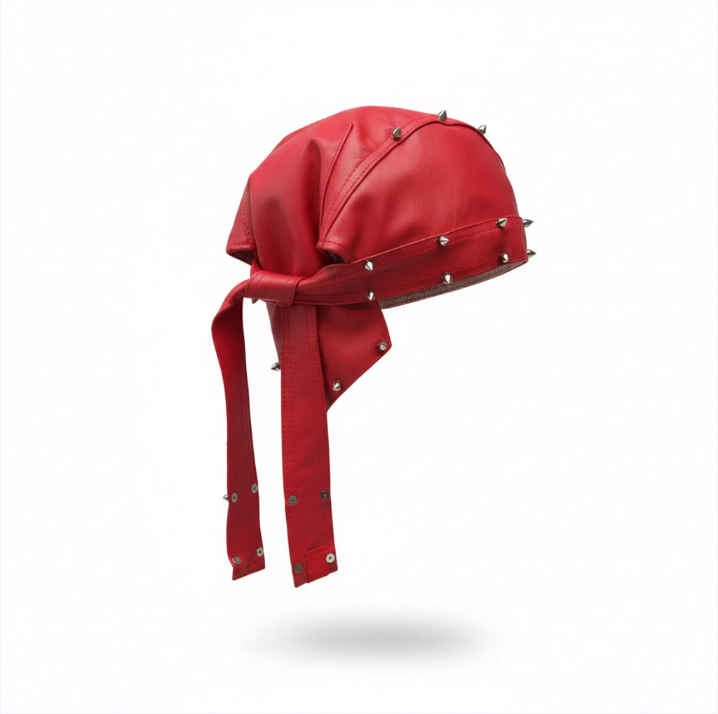 Spiked Out Red Leather Moto Cap