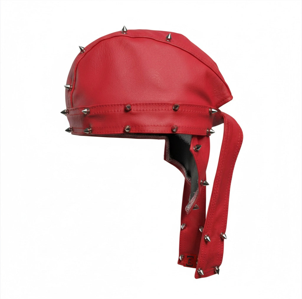 Spiked Out Red Leather Moto Cap