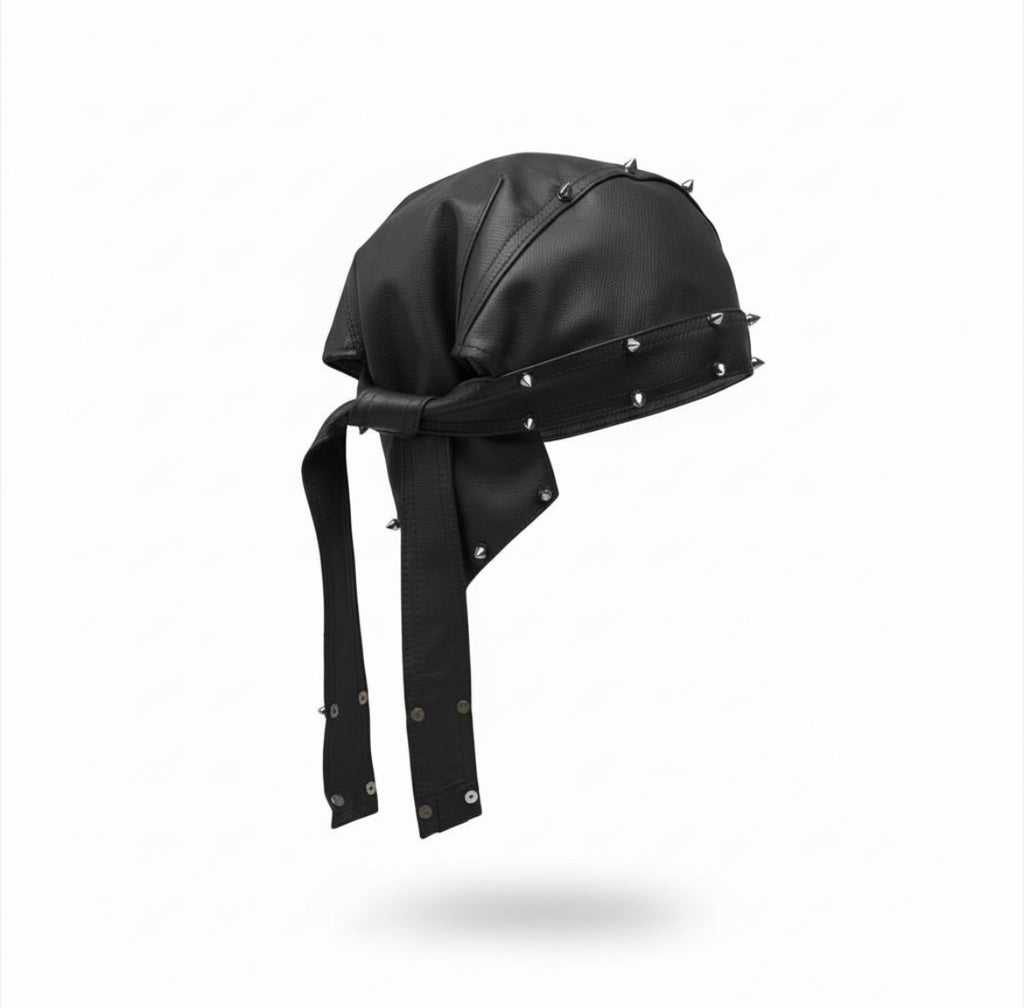 Spiked Out Black Leather Moto Cap