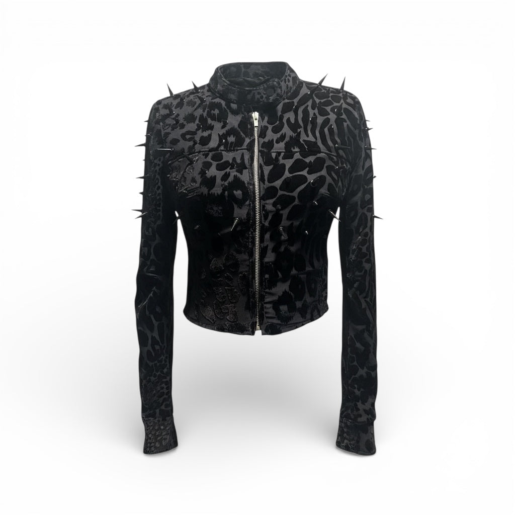 Black Leopard Spiked Out Moto Jacket