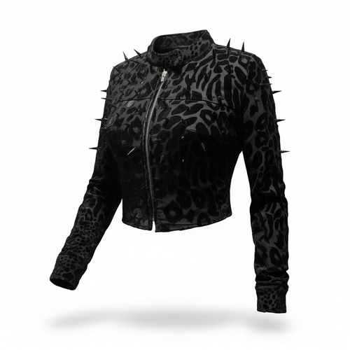Black Leopard Spiked Out Moto Jacket