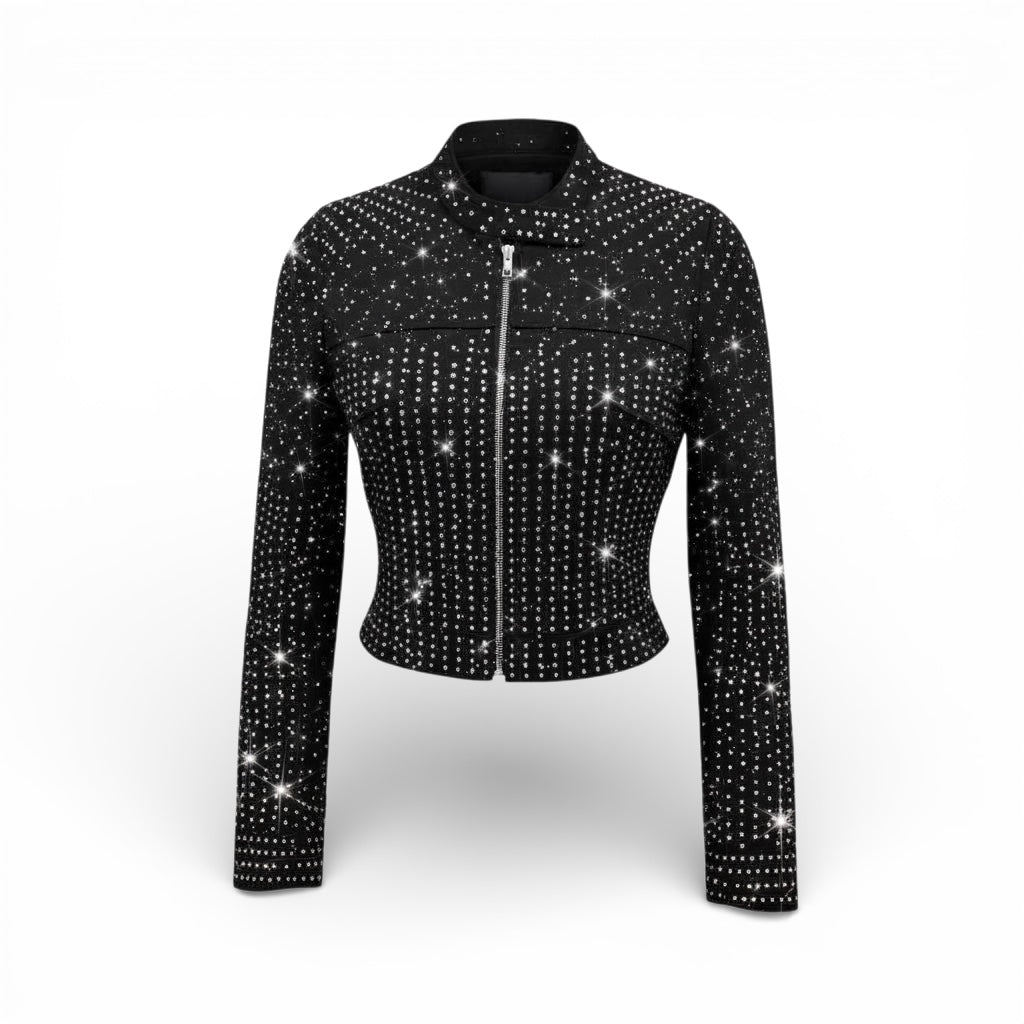 Rhinestone (Black Denim) Moto Jacket
