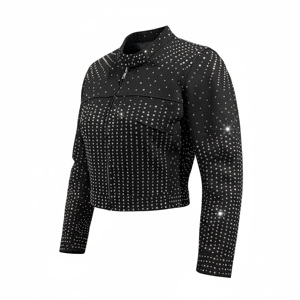 Rhinestone (Black Denim) Moto Jacket