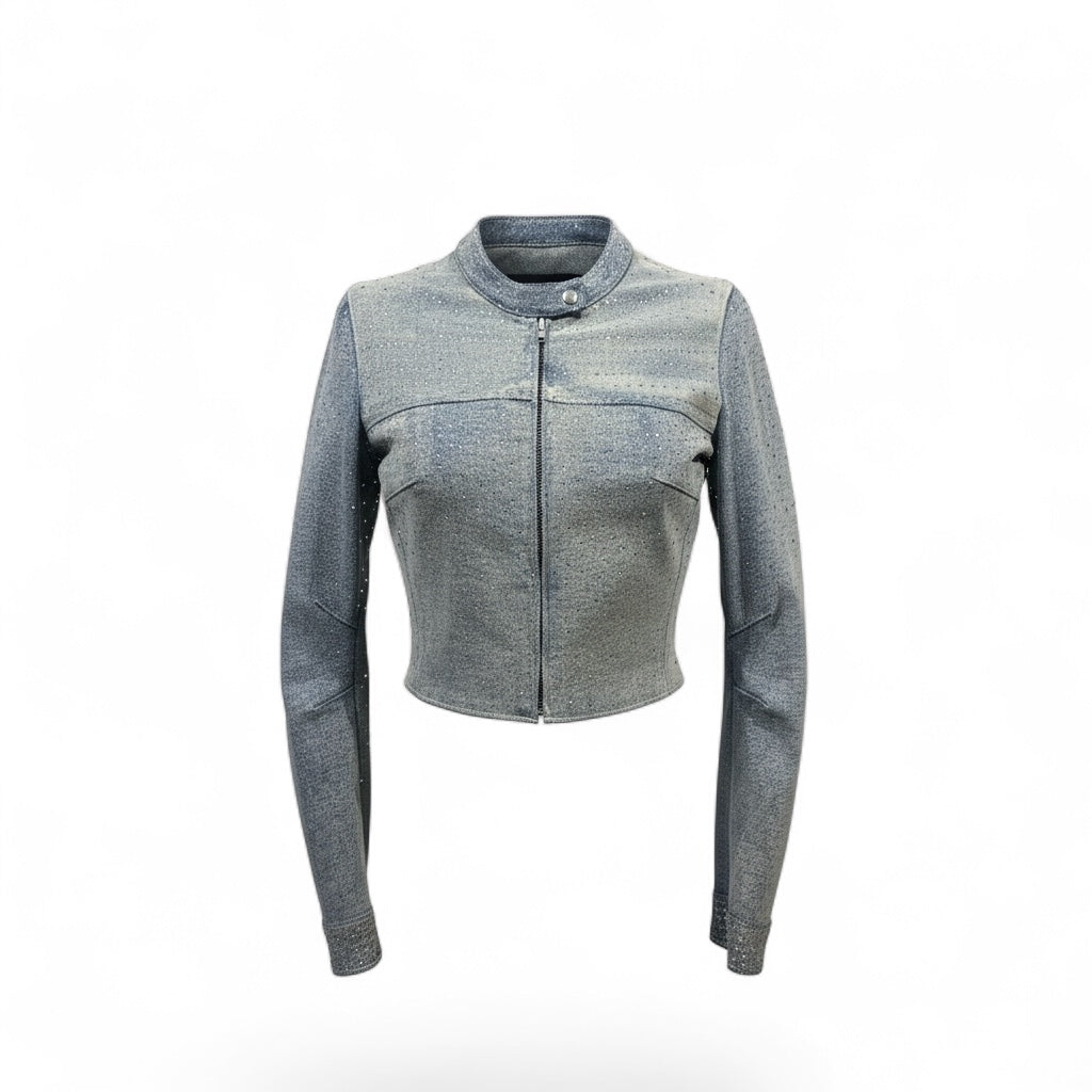Rhinestone (Light Blue Denim) Moto Jacket