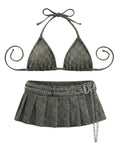 Rhinestone Bikini Set w/Skirt (Grey)