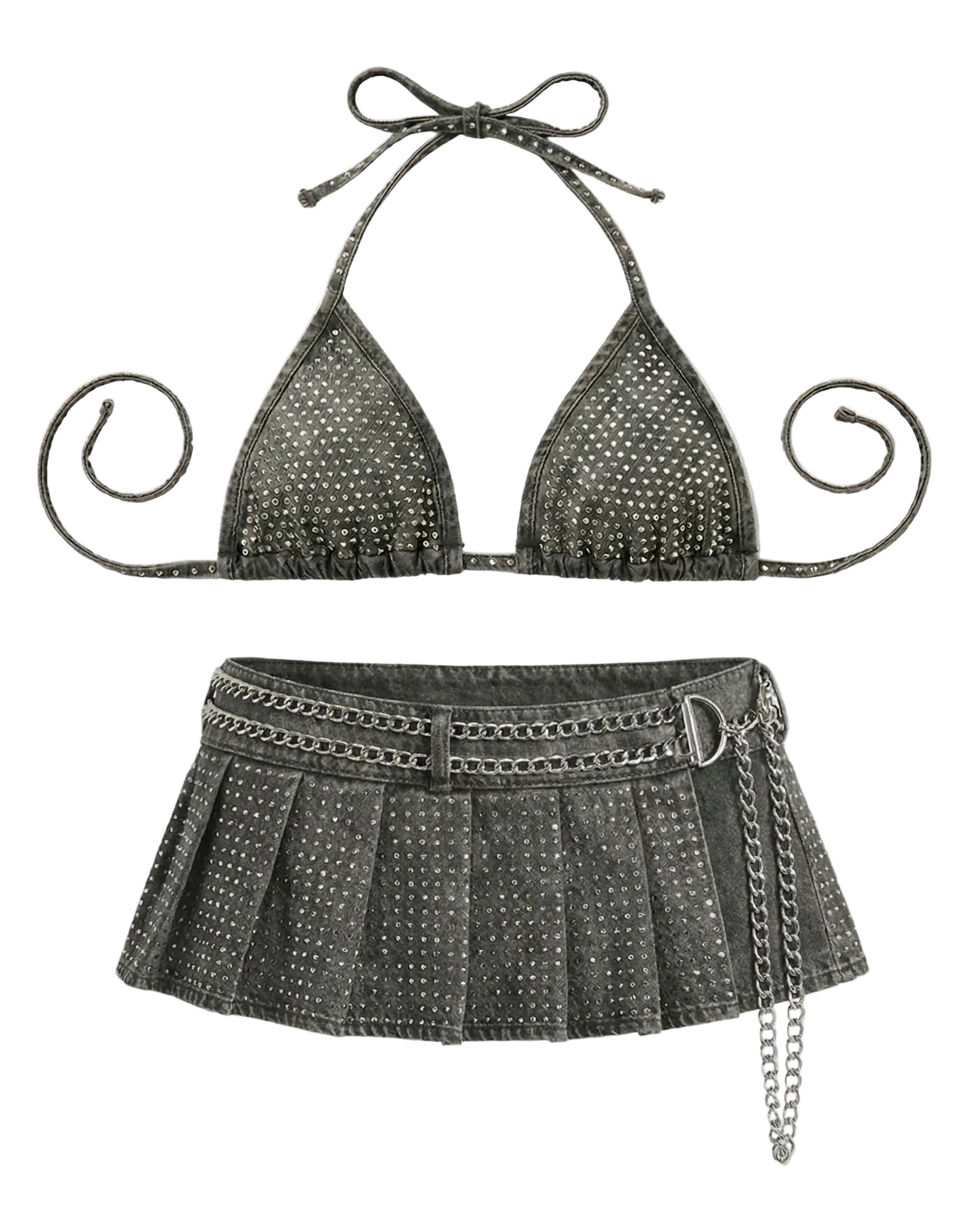 Rhinestone Bikini Set w/Skirt (Grey)