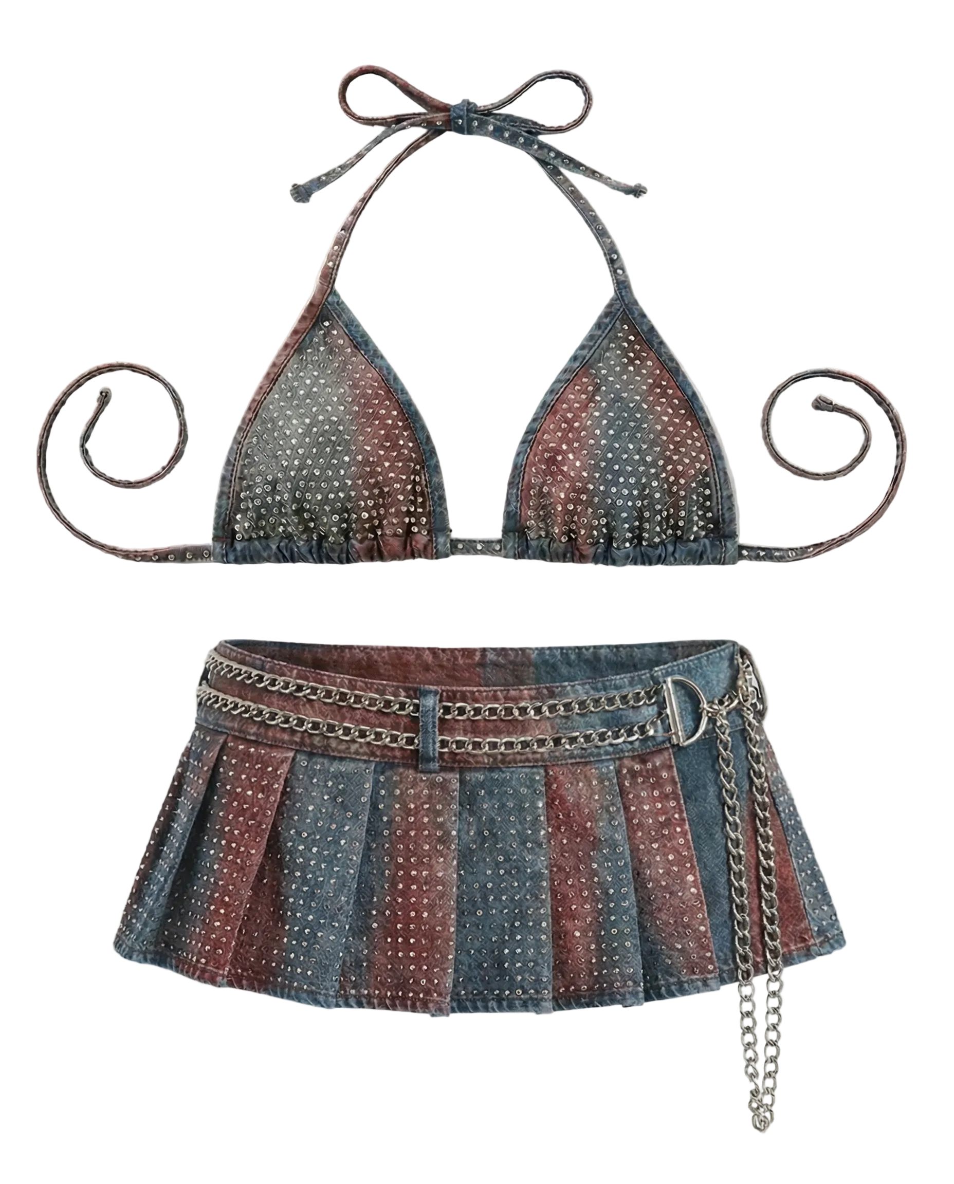 Rhinestone Bikini Set w/ Skirt (Red/Blue)