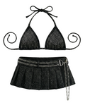 Rhinestone Bikini Set w/ Skirt  (Black)